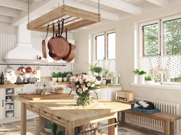 Kitchen with natural elements, flowers and wood table. 